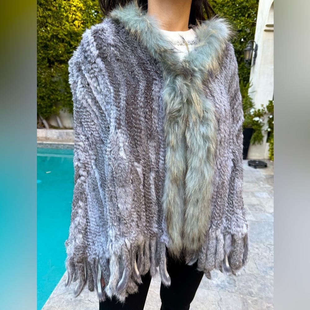 Luxurious Rabbit Fur Hooded Poncho with Fringe